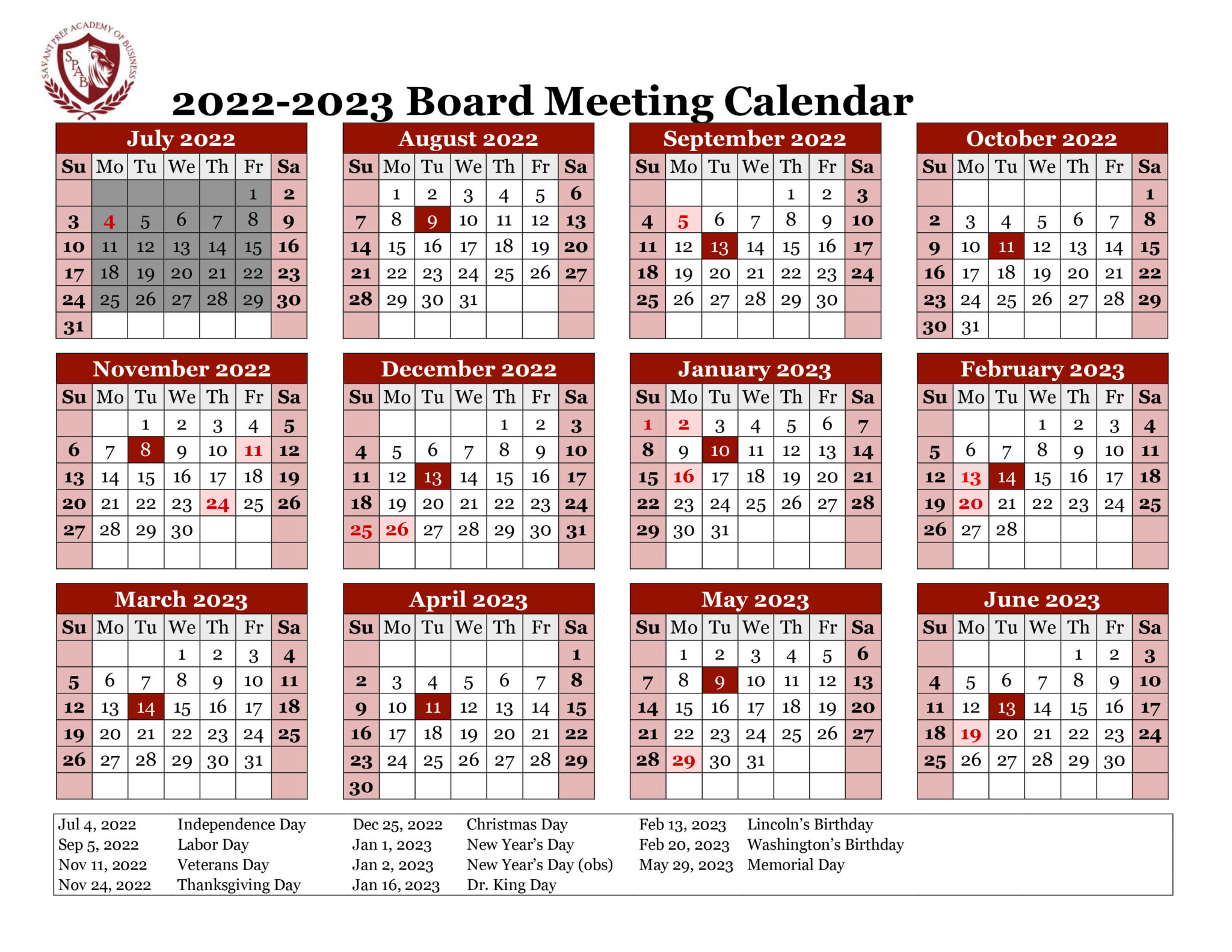 Board Meeting Calendar – Savant Preparatory Academy of Business
